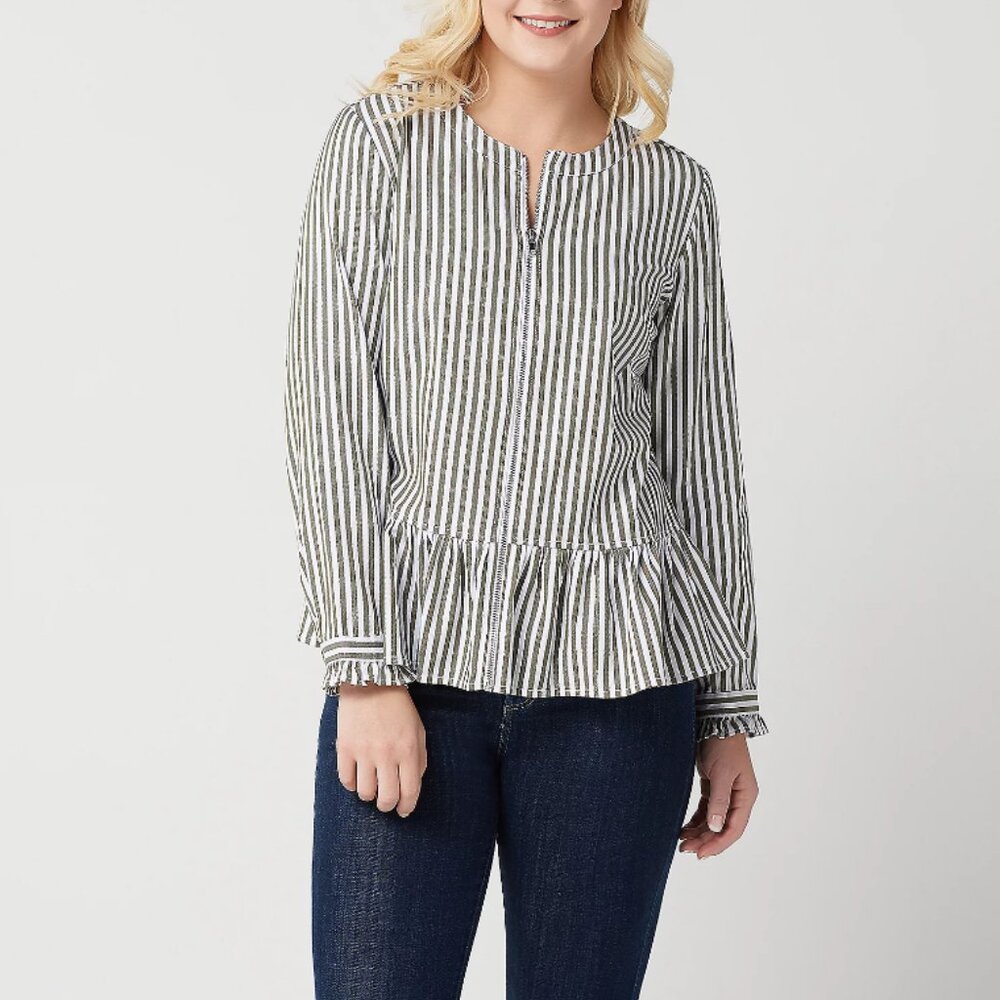 Denim & Co. Women's Deep Olive Yarn Dyed Striped Peplum Jacket Size Small